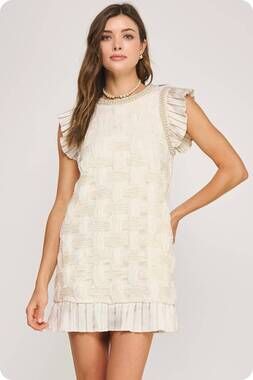 NEW STRUT & BOLT pearl trim detail textured mini dress in champagne